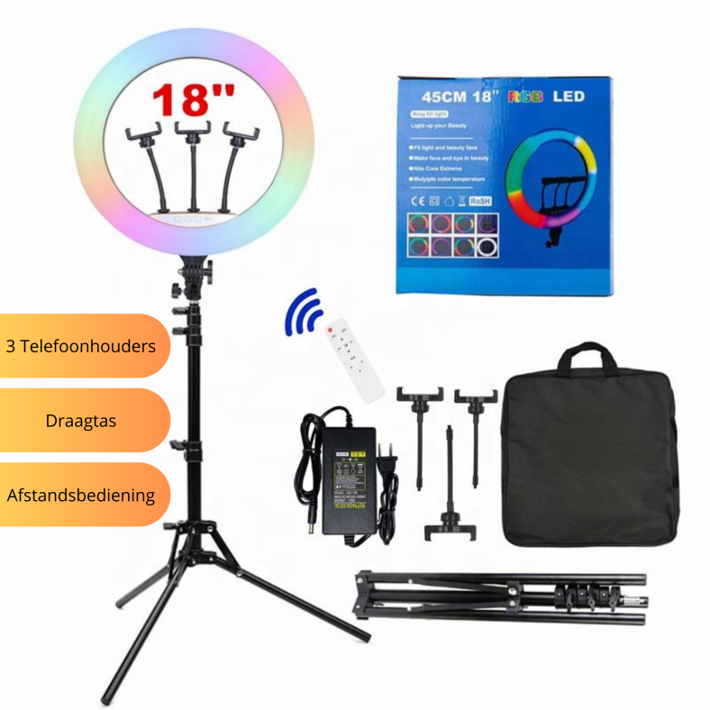 Heorryn Led-ringlamp, 18 inch, 48 centimeter, set met statief van 200 cm en 3 telefoonhouders voor smartphone, YouTube, TikTok, live stream, portret, make -up, vlog, videofotografie