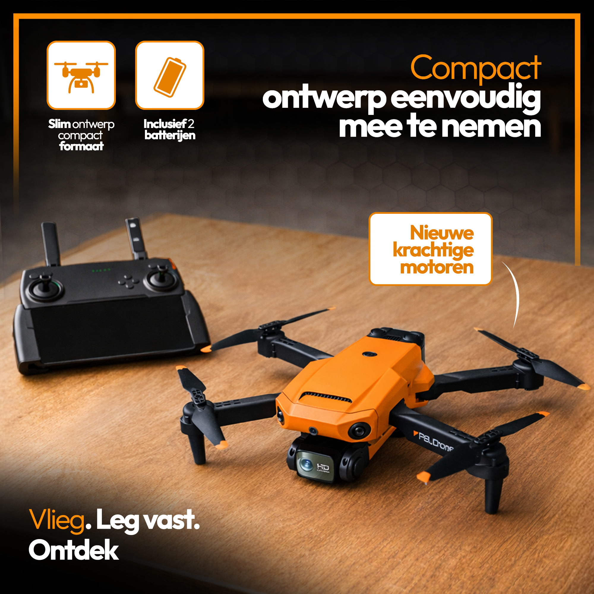 SefSay P8 Drone Oranje - Drone met dubbele camera - Obstakel ontwijking - Inclusief opbergtas en 2 accu's - Afbeelding 3