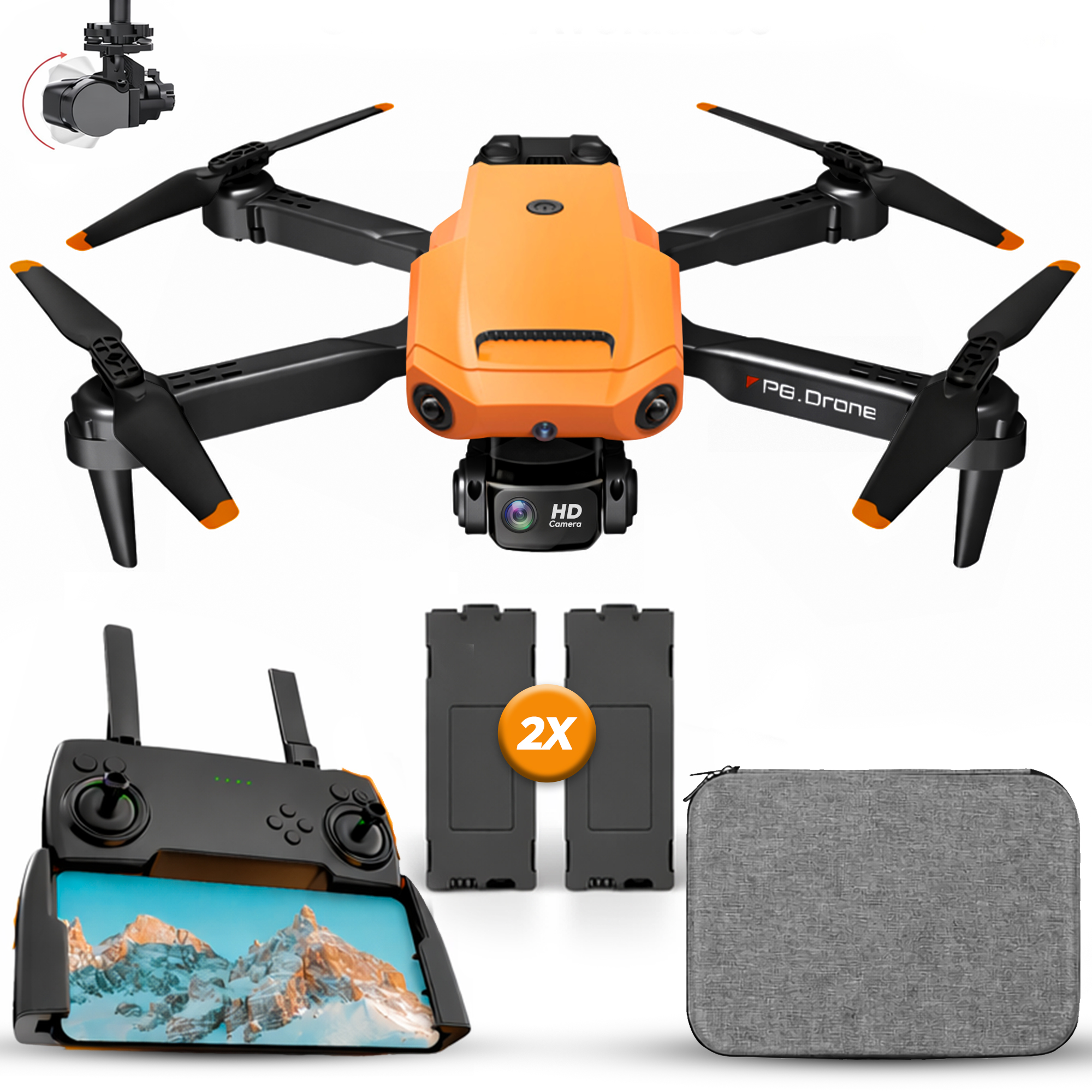 SefSay P8 Drone Oranje - Drone met dubbele camera - Obstakel ontwijking - Inclusief opbergtas en 2 accu's